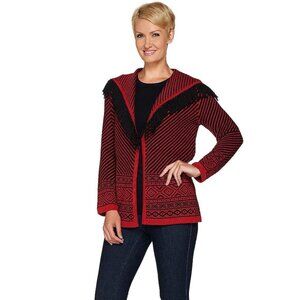 Susan Graver Jacquard Sweater Fringe Striped Red Black Cardigan Size S